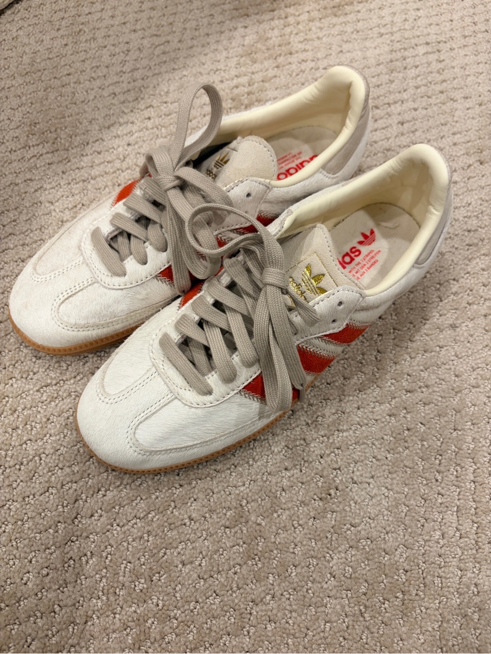 adidas Women’s Pony Hair White Sneakers with Orange/red Stripes, very cool! New